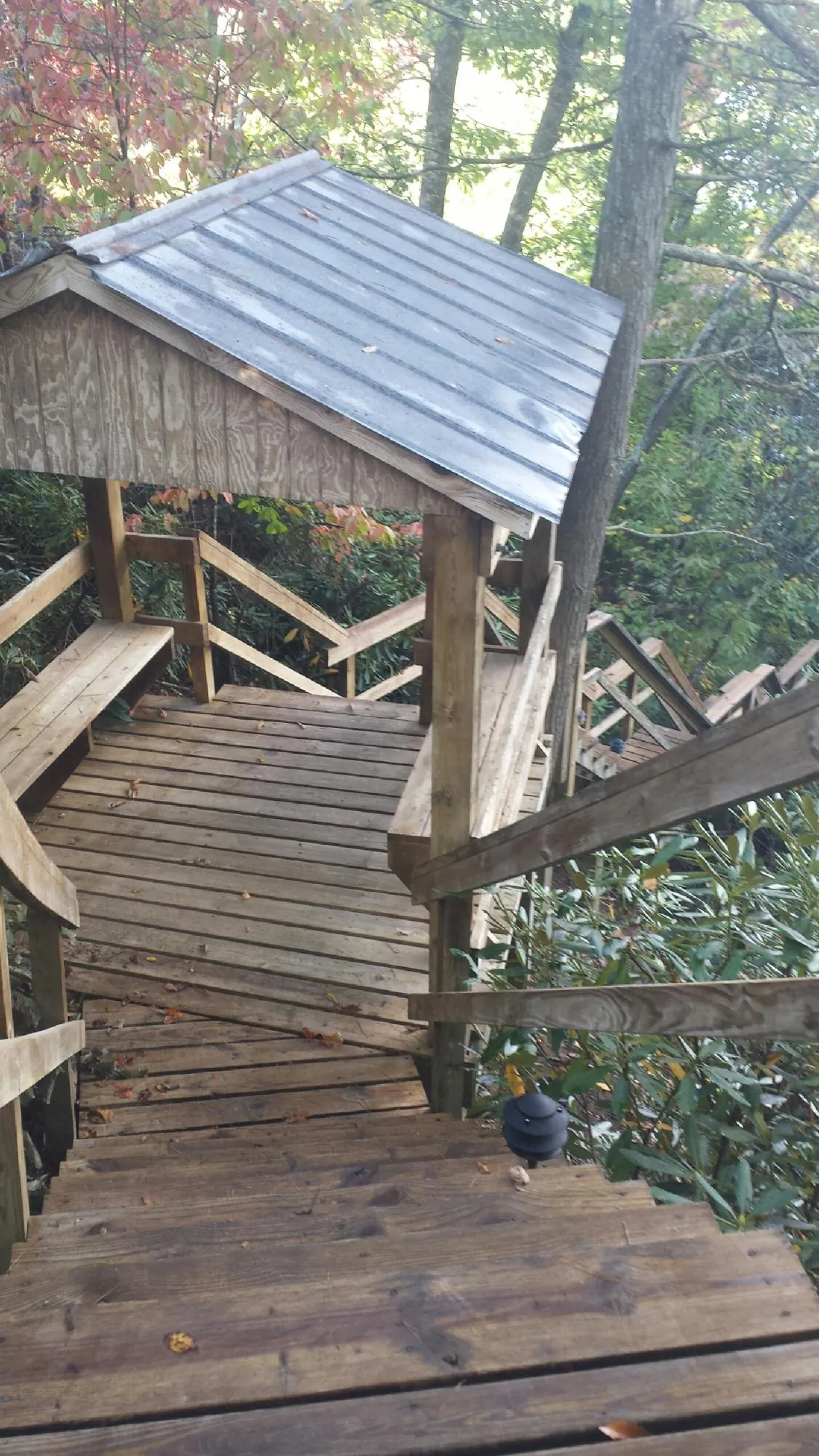 Metal roofed shelter over wooden steps on a wooded walkway — Skylight Repair & Installation work by our crew in Jobstown